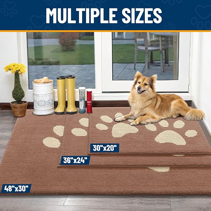 Smiry Dog Door Mat for Muddy Paws, Absorbs Moisture and Dirt, Low-Profile Entryway Mat with Non-Slip Backing, Entry Indoor Outdoor Doormat for Inside Floor (47x24 Inches, Camel, Paw)