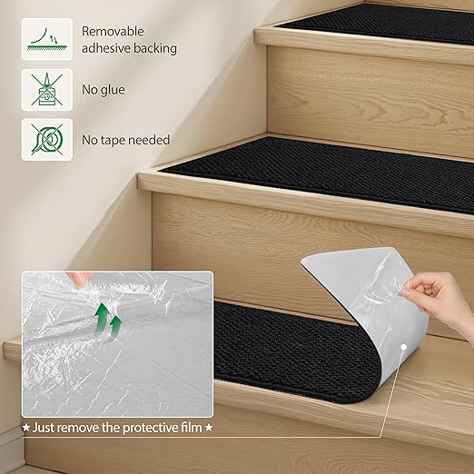 Stair Treads for Wooden Steps Indoor - 28 Pack 8" x 30" Non-Slip Carpet Stair Runners Washable Reusable Adhesive Indoor Stairs Tread Rug Stain Resistant Edging Staircase Mat for Kids and Pets Black