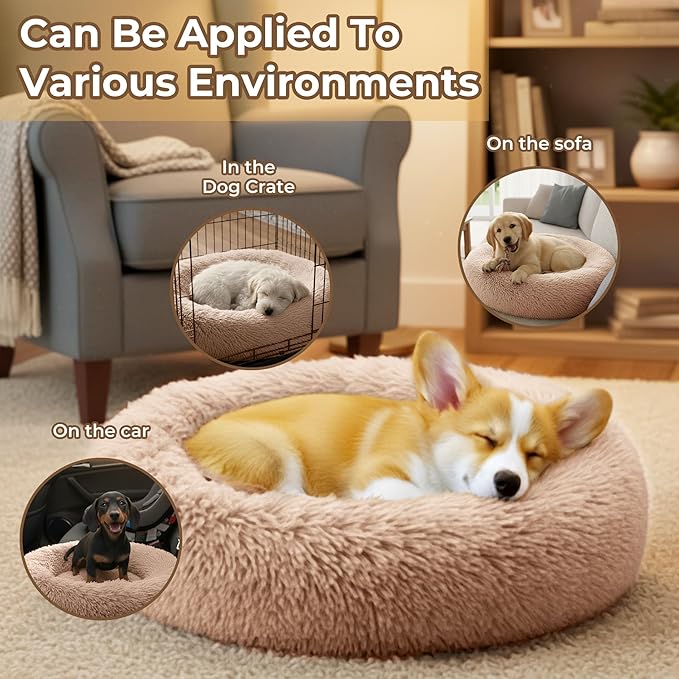 Calming Anti-Anxiety Donuts Dog And Cat Bed, Round Fluffy Soft Washable Small Medium Pet Bed For Puppy & Kitten, Cuddler Warming Comfortable Cushion, Luxury Anti-Slip Waterproof Mute Base 24in (Camel)