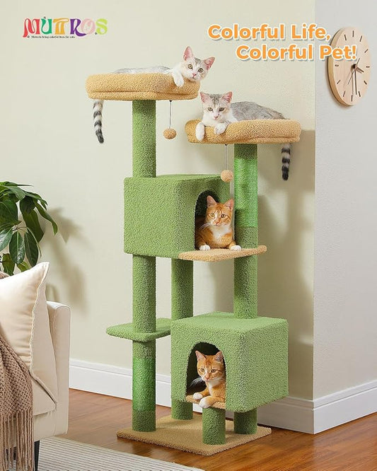 MUTTROS 52.4" Cactus Cat Tree, Cute Cat Tower for Indoor Cats with 2 Padded Perches, 2 Cozy Condos & Sisal Scratching Posts, Green