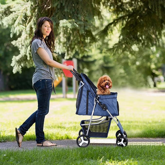 4 Wheels Foldable Pet Dog Cat Jogger Stroller Travel Carrier Strolling Cart w/Waterproof Cover Storage Basket Cup Holder & Removable Liner for Medium Small Cat Dog, Navy Blue