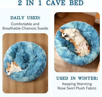 NOYAL Calming Dog Bed for Anxiety, Hooded Donut Cave with Blanket, Plush Fluffy Washable Pet Bed for Small Medium Dogs & Cats