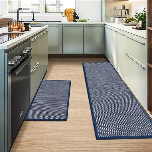 Artoid Mode Washable Non Slip Blue Kitchen Rugs and Mats Set of 2, Rubber Backing Absorbent Kitchen Mats for Floor Front of Sink - 17x29 and 17x47 Inch