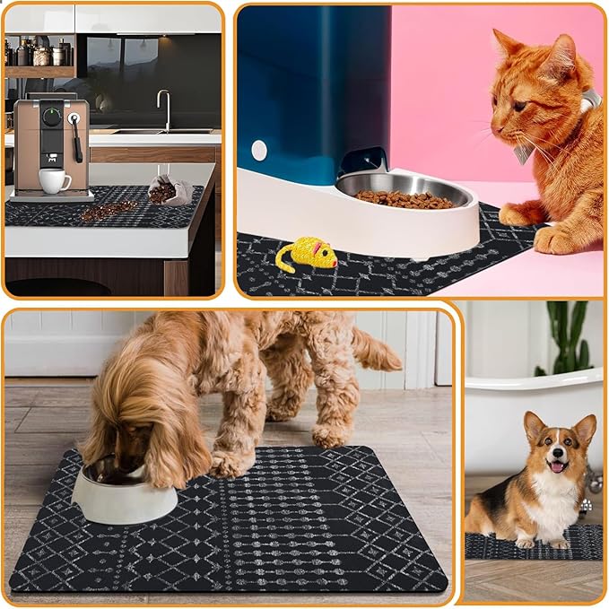 Dog Food Mats for Floors Absorbent, Cat Food Mat - Pet Cat Feeding Mat Quick Dry, Dog Bowl Mats for Water, Pet Supplies Feeding Placemat 16" x 24" Black Boho