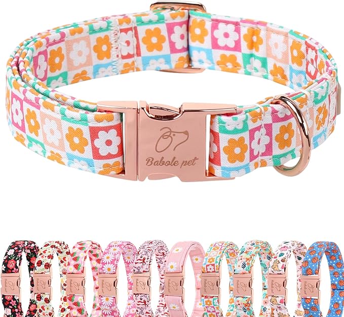 Spring Dog Collar, Pastel Checkered Flowers Pet Collar with Metal Buckel, Durable Adjustable Designer Dog Collars for Small Medium Large Dogs L