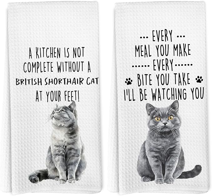 Funny British Shorthair Cat Kitchen Towels, British Shorthair Cat Mom Lady Lovers Gifts for Women Hand Towels, Pet Lover Gifts Dishcloths Dish Towel for Kitchen 16x24 Inches Set of 2