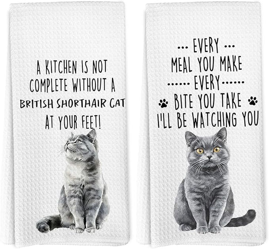 Funny British Shorthair Cat Kitchen Towels, British Shorthair Cat Mom Lady Lovers Gifts for Women Hand Towels, Pet Lover Gifts Dishcloths Dish Towel for Kitchen 16x24 Inches Set of 2