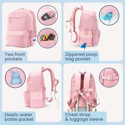 Dog Travel Bag for Supplies - Complete Dog Diaper Bag Backpack with 2 BPA-Free Travel Bowls, Treat Pouch, Food Container, Placemat & Laptop Sleeve – for Traveling, Road Trips, Hiking: Dusty Pink
