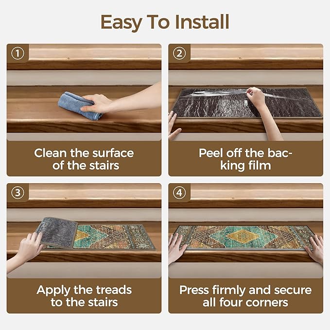 Non Slip Stair Treads for Wooden Steps 15PCS - 8"x30" Indoor Safety Carpet, Edging Mats with TPE Adhesive Backing, Pet and Elderly Friendly Stair Rugs (Amber&Cyan)