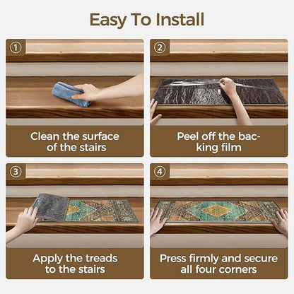 Non Slip Stair Treads for Wooden Steps 15PCS - 8"x30" Indoor Safety Carpet, Edging Mats with TPE Adhesive Backing, Pet and Elderly Friendly Stair Rugs (Amber&Cyan)