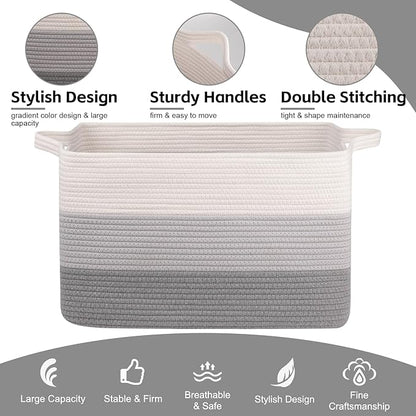 OIAHOMY Extra Large Blanket Basket, 95L Woven Storage Basket, Cotton Rope Toy Bin for Baby Room, Container for Storage in Living Room, 24''×17''×14'', Gradient Grey