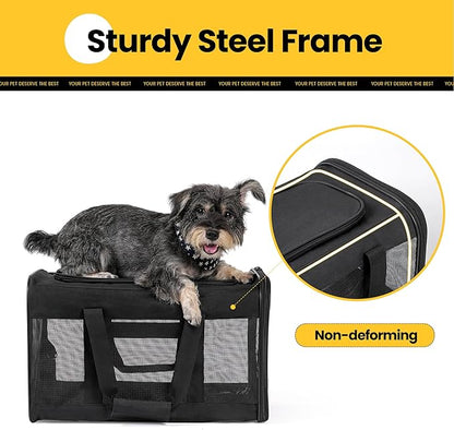 Cat Carrier Airline Approved, Soft-Sided Dog Carrier with Inner Safety Leash, Pet Transport Carrier for Small-Medium Cats Puppies up to 15 Lbs, Collapsible Travel Kitten Carrier Bag -BlackM