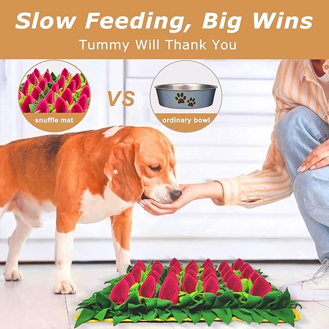Snuffle Mat for Dogs, Cats, Rabbits, Guinea Pigs, Durable Washable Pet Feeding Mat, Flower & Grass Slow Feeder, Nose Work Training Pad, Anxiety Relief & Mental Stimulation(S, Rose Red)
