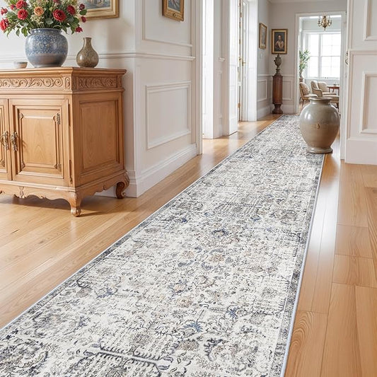 RUUGME Washable Runner Rugs 3x16 - Vintage Kitchen Runner Rug Stain Resistant Rugs for Living Room Bedroom Laundry Room Mat Distressed Hallway Floor Carpet (3'x16', Brown/Blue)
