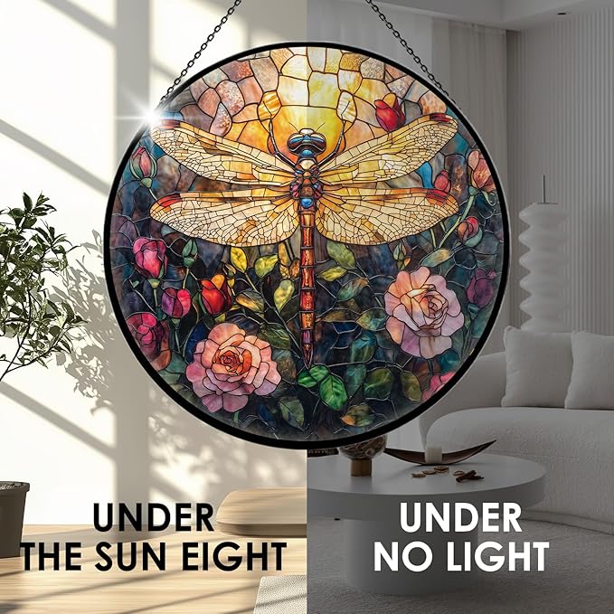 Dragonfly Stained Glass Window Hanging, 7.9" Dragonflies Plant Decor Suncatcher, Dragonfly Gifts for Women, Dragonflies Decor Handmade Suncatcher for Garden Home, Christmas Birthday Housewarming Gifts