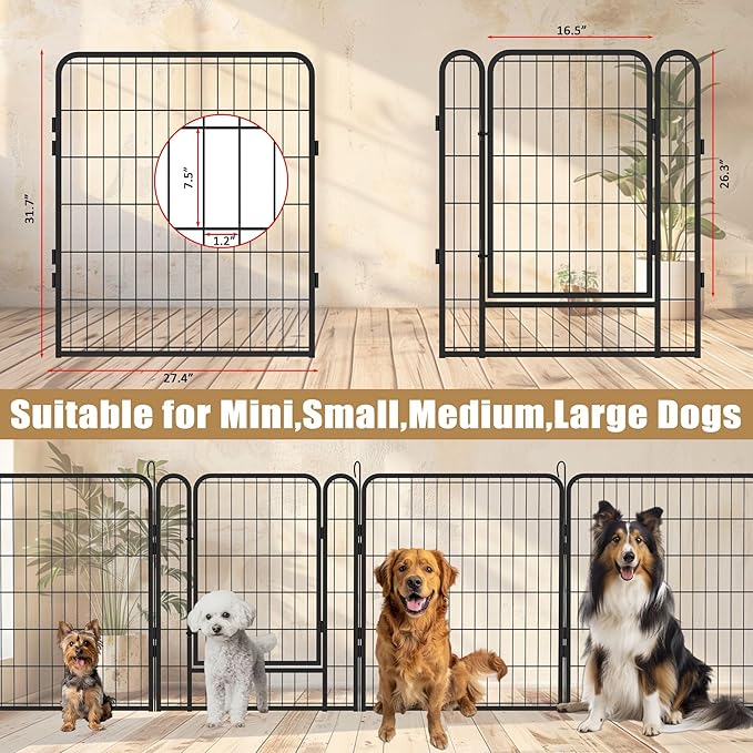 Dog Playpen Indoor - Pet Fence Puppy Exercise Pen for Yard Gate 6/8/12/16Panel Heavy Duty Crates with Doors Metal Dog Pen for Camping Outdoor, Small/Medium Pets (27.4 x 31.7 Inch, Black 16 Panels)