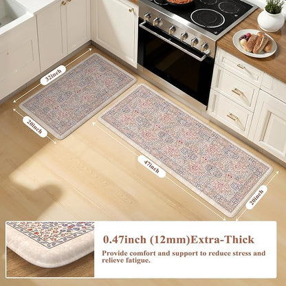 Collive Anti Fatigue Mats for Kitchen Floor, Cushioned Comfort Kitchen Rugs Sets of 2 Waterproof Non Skid Padded Sink Rugs, Pink/Blue Floral Rug Standing Mat for Laundry, Home Office Decor