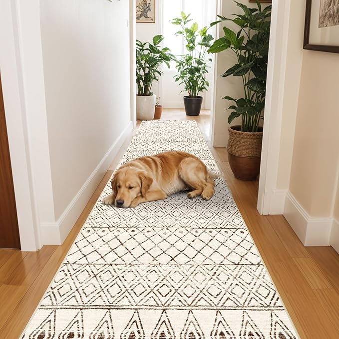 2'x6' Hallway Runner Rug Washable - Non Slip Moroccan Runners Low Pile Floor Carpet with Rubber Backing Farmhouse Kitchen Mat Indoor Rugs for Front Door Living Room 2'x6' Geo Beige
