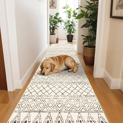 2'x6' Hallway Runner Rug Washable - Non Slip Moroccan Runners Low Pile Floor Carpet with Rubber Backing Farmhouse Kitchen Mat Indoor Rugs for Front Door Living Room 2'x6' Geo Beige