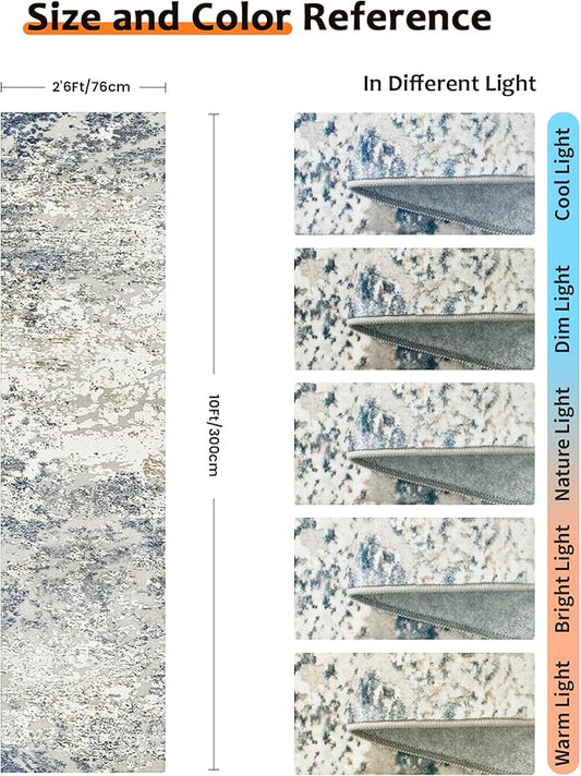 Art&Tuft Runner Rug 2'6x10' - Anti-Slip Backing Abstract Hallway Rug, Stain Resistant Kitchen Rugs, Foldable Machine Washable Area Rug(TPR18-Blue, 2'6x10')