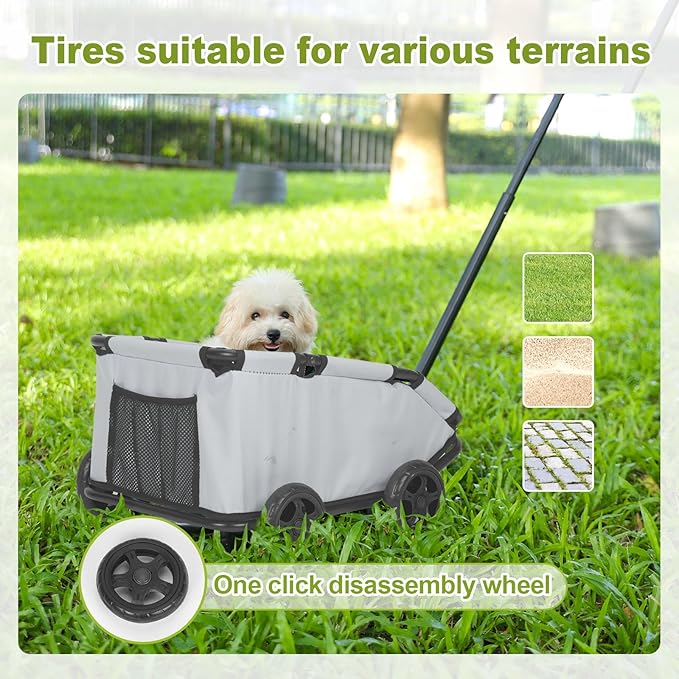 Mini Dog Strollers for Mini Pets, Foldable Multifunctional Shopping Carts with Extendable Pull Handle, Doggie Wagon Built-in Cushion and Safety Rope with Storage Bag (Light Grey)