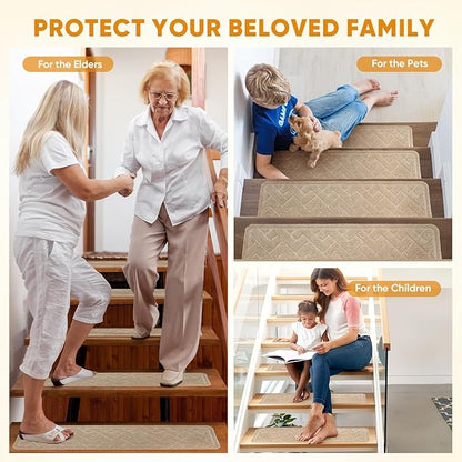 15 Pack 8 "X 30" Non Slip Stair Treads for Wooden Steps, Carpet Stair Treads Made of Polyester and Reusable Adhesive, Stair Runner Rugs for Kids, Elders and Dogs Pets (Beige)
