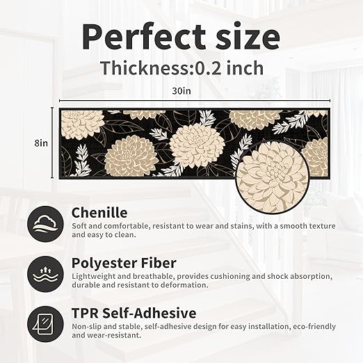 Non-Slip Carpet Stair Treads 4PCS, 8"x30" Peel and Stick Stair Runner for Wooden Steps Indoor, Washable Reusable Adhesive Backing, Pet-Friendly Safety Mats for Kids, Elders, Dogs