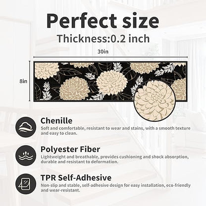 Non-Slip Carpet Stair Treads 4PCS, 8"x30" Peel and Stick Stair Runner for Wooden Steps Indoor, Washable Reusable Adhesive Backing, Pet-Friendly Safety Mats for Kids, Elders, Dogs