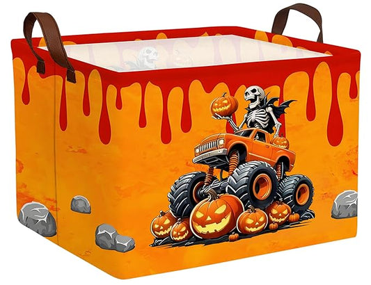 Large Halloween Themed Candy Gift Boo Basket for Kids Baby Personalized Adults Storage Bin Fall Decor(Skeleton Monster Truck)