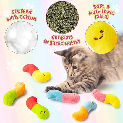 L1rabe Worm Candy Catnip Stuffed Toys - 6P Colorful Worm Organic Cat Toys Funny Indoor Chew Bite Kick Tools, Interactive Pet Supplies Cat Lovers Kittens Birthday Presents Pet Summer Gifts