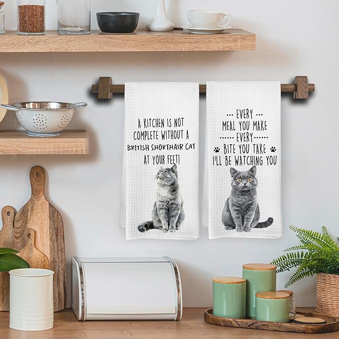 Funny British Shorthair Cat Kitchen Towels, British Shorthair Cat Mom Lady Lovers Gifts for Women Hand Towels, Pet Lover Gifts Dishcloths Dish Towel for Kitchen 16x24 Inches Set of 2