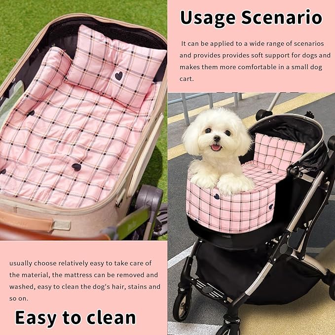 Pet Stroller Pad, Anti-Slip Bottom, Removable & Washable Dog Pillow & Quilt Set (Pink)