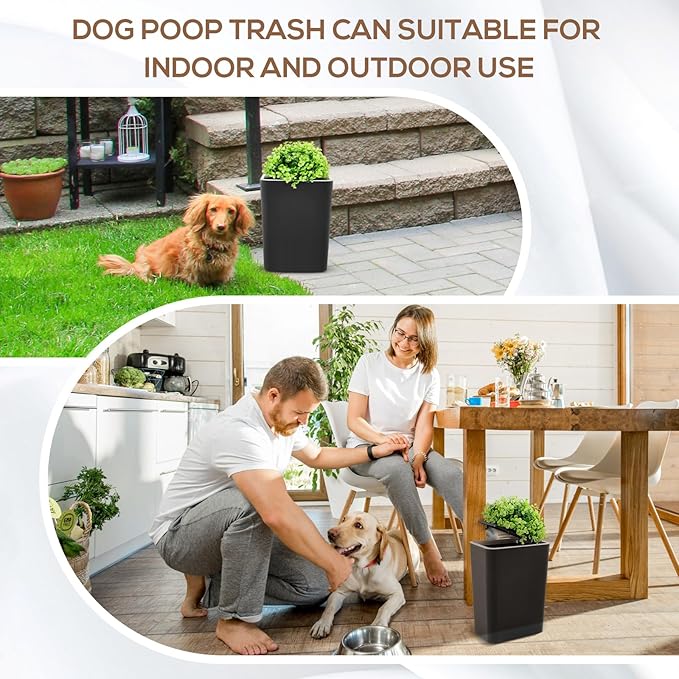 Jingmore Dog Poop Trash Can Outside 2.64 Gal/10 L Plant Styled Dog Waste Trash Can with Lid 50 Pcs Plastic Waste Bags Outdoor Indoor Poop Container Slim Garbage Bin for Yard Garden Pet (Black)