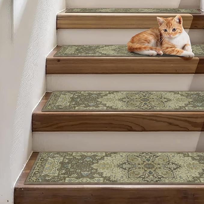 Non Slip Stair Treads for Wooden Steps 15PCS - 8"x30" Indoor Safety Carpet, Edging Mats with TPE Adhesive Backing, Pet and Elderly Friendly Stair Rugs (Sage)