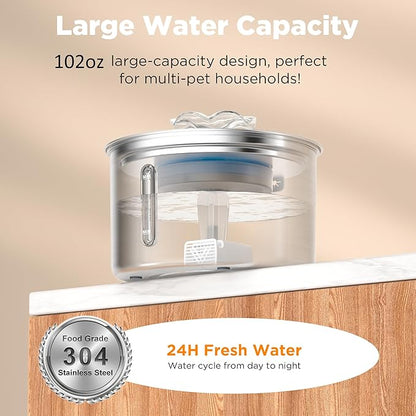 Cat Water Fountain Stainless Steel, 102oz/3L Automatic Pet Water Fountain with 6 Replacement Filters & 6 Pre-Filter Sponges for Cats, Dogs (Cat Fountain + 6 Filters + 6 Sponges)