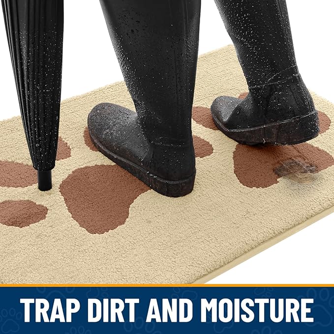 Smiry Dog Door Mat for Muddy Paws, Absorbs Moisture and Dirt, Low-Profile Entryway Mat with Non-Slip Backing, Entry Indoor Outdoor Doormat for Inside Floor (48x30 Inches, Light Beige, Paw)