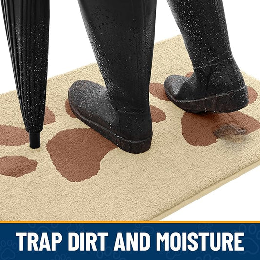 Smiry Dog Door Mat for Muddy Paws, Absorbs Moisture and Dirt, Low-Profile Entryway Mat with Non-Slip Backing, Entry Indoor Outdoor Doormat for Inside Floor (48x30 Inches, Light Beige, Paw)