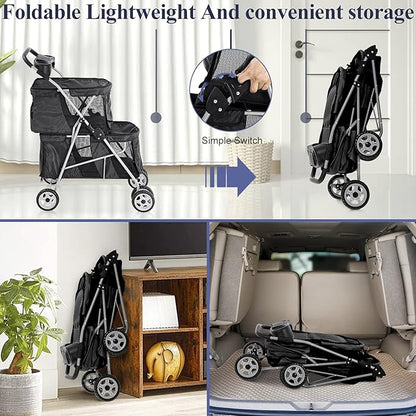TTY Store Best 4 Wheels Pet Stroller Double Decker Seats Foldable Jogge for Small Medium Dogs & Cats or Other Kitten Puppy Travel Cage w/Cup Holders Removable Liner, Black, 30 x 20 x 40 Inch