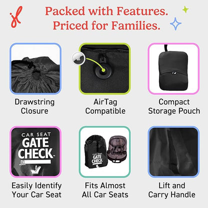 J.L. Childress Gate Check Travel Bag for Car Seats - Car Seat Travel Bag for Airplane, Fits All Baby & Infant Carriers, Airport Accessories for Gate Check, Flying Essentials, AirTag Compatible - Black