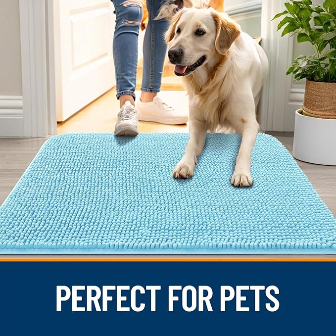 OLANLY Dog Door Mat for Muddy Paws 54x32, Absorbs Moisture and Dirt, Absorbent Non-Slip Washable Doormat, Quick Dry Chenille Mud Mat for Dogs, Entry Indoor Entryway Carpet for Inside Floor, Blue