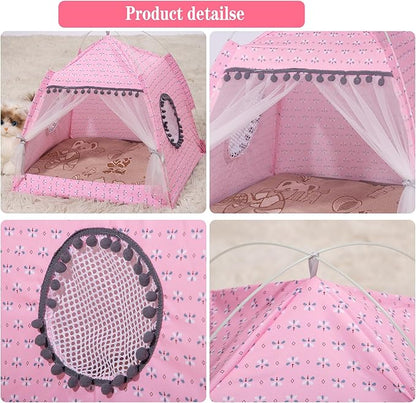 Gigreinc Cat Princess Indoor Tent House Pet Dog Cute Floral Cave Nest Bed Portable Dog Tents (L:48x48x46cm/18.8x18.8x18inch, Floral Pink)