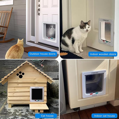CEESC Cat Flap Door Magnetic Pet Door with 4 Way Lock for Cats, Kitties and Kittens, 2 Sizes and 2 Colors Options (L- Inner Size: 7.08"(W) x 7.48"(H), White)