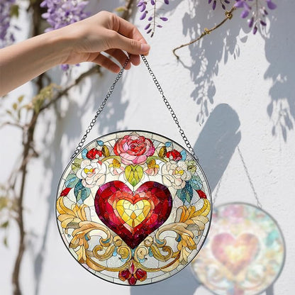 Stained Glass Window Hanging, 8 in Valentine Heart Sun Catcher, Stained Glass Suncatcher, Gift for Wife, Gift for Girlfriend, Mother's Day, Christmas, Birthday, Valentine's Day Gifts for Couple, Her