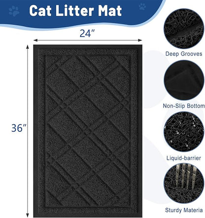 Smiry Cat Litter Box Mat 36x24, Non-Slip Water Resistant Litter Trapping Mat, Easy Clean Less Waste and Urine-Locking Cat Carpet for Indoor, Black
