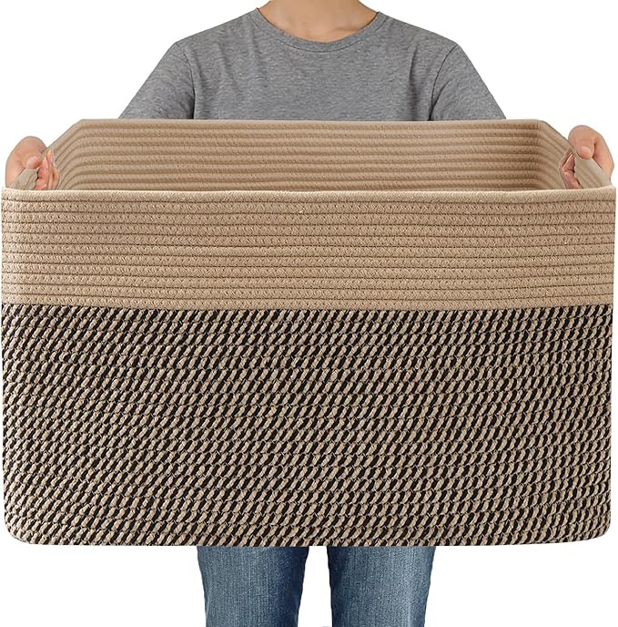 Woven Blanket Basket,65L Large Storage Bin for Blankets Toys Clothes,Decorative Rope Basket for Living Room Bedroom with Handles, Jute&Black