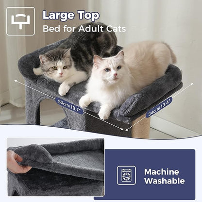 Small Cat Tree Tower for Large Cats with Spacious Top Bed 20x13.8”Private Cat Condo,Sisal Scratching Post and Ramp and Self Groomer and Spring Ball-Dark Grey