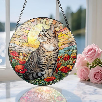 Stained Glass Window Hanging, 8 Inch Cat Stained Glass Ornament, Suncatchers for Windows Hanging, Suncatcher Decorations for Windows, Window Decor, Gifts for Cat Lovers