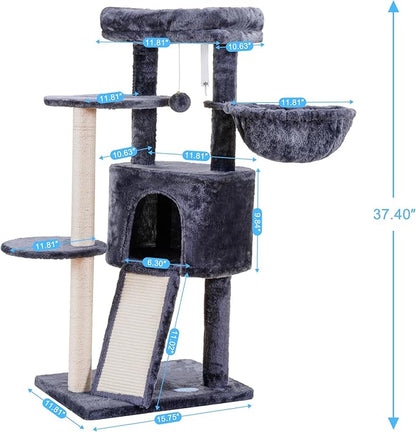 Hey-brother Cat Tree with Scratching Board, Cat Tower with Padded Plush Perch and Cozy Basket, Multi-Platform for Jump, Smoky Gray MPJ005G