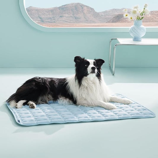 Bedsure Cooling Dog Mat Extra Large, Q-Max>0.5 XL Thin Breathable Cold Crate Pad for Pet, Portable Washable Kennel Bed for Summer Active Dog with Chill Soothing Fabric to Rapid Cooling, 41x28, Blue