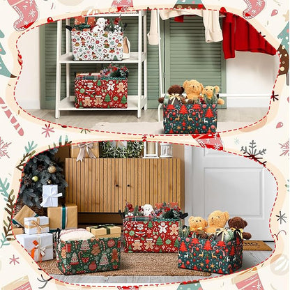 4 Pack Christmas Storage Bin Collapsible Large Christmas Storage Baskets for Gifts Xmas Tree Canvas Laundry Basket Foldable Box with Handle for Office Home Bedroom Clothes Toys Holiday Decor